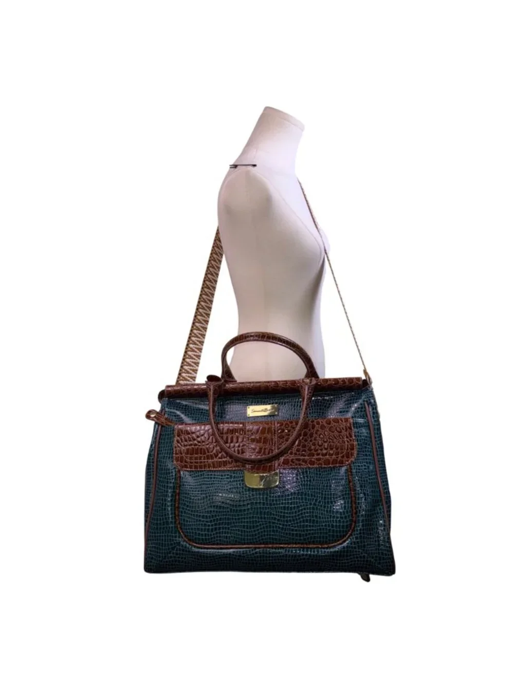 Samantha Brown Women’s Teal & Brown Croc Embossed Lining Dual Handles Travel Bag